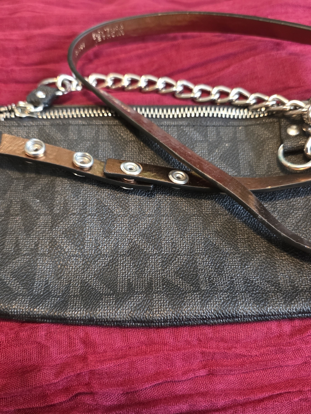 Michael Kors Black Logo-Print Crossbody with Silver Chain Detail
